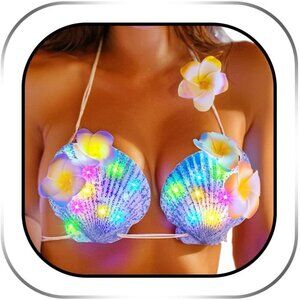 Women's Blue Light Up Shell Bra Bikini Top Flower Seashell Glowing Rave Outfits